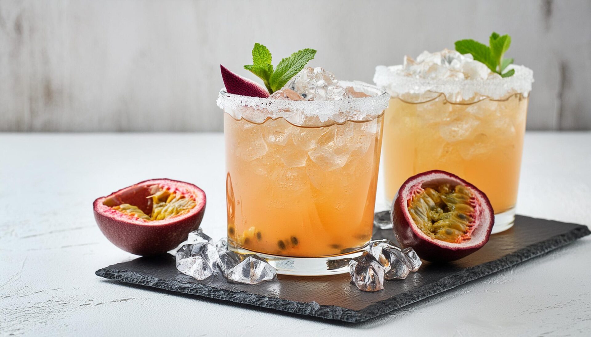 Vibrant passion fruit cocktail garnished with edible flowers